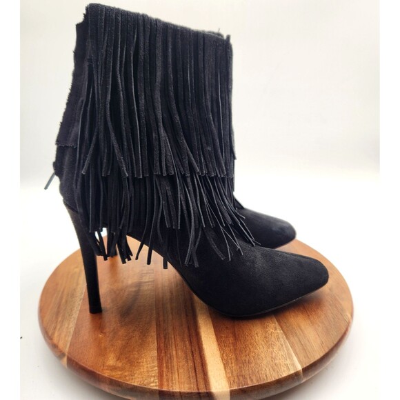 Zara Fringe Ankle Booties Women's 8.5M Black Suede Back Zip 4 Inch Heel Western - Picture 1 of 13